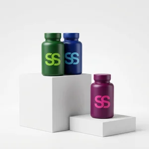 Modern supplement bottles on podiums