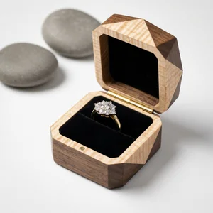 Diamond ring in artisanal wood box
