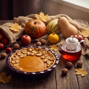Cozy autumn pumpkin pie baking spread