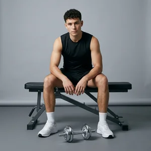 Man resting on gym bench with dumbbell