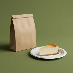 Cheesecake and paper bag on green