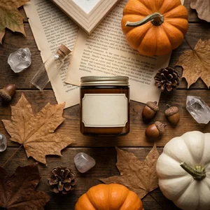 Autumn wellness candle flat lay