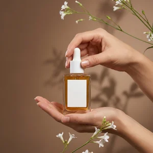 Natural serum bottle in hands