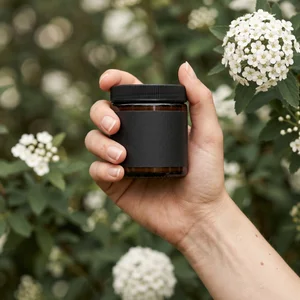 Hand holding skincare jar in garden