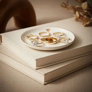 Elegant gold rings on textured plate