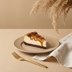 Caramel cheesecake on beige plate