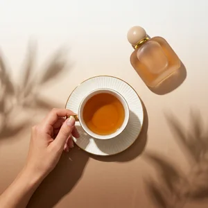 Elegant perfume and tea flat-lay