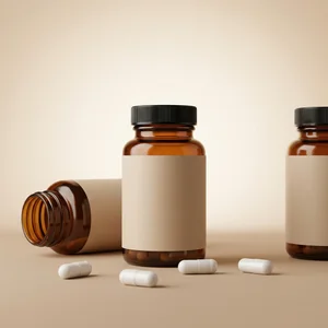 Amber supplement bottles on beige
