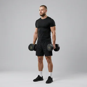 Man lifting 30kg dumbbells in studio
