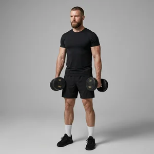 Male fitness model with dumbbells