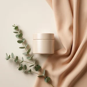 Minimalist skincare jar with eucalyptus
