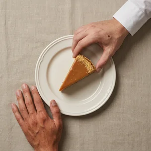 Caramel cake slice on linen