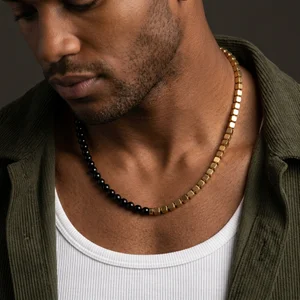 Men's beaded necklace on model