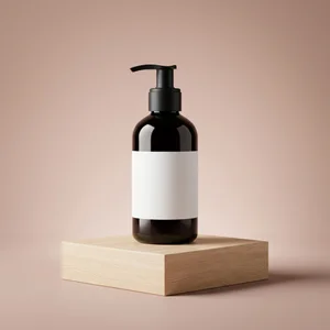 Amber bottle on minimalist wood