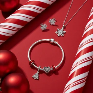 Festive silver jewelry flat lay