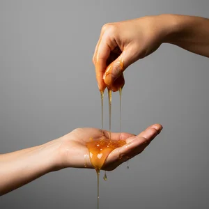 Hands with golden liquid essence