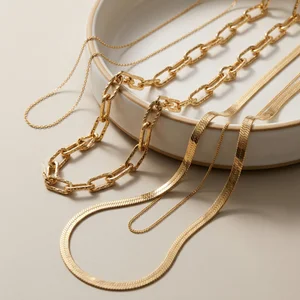 Layered gold necklaces on ceramic