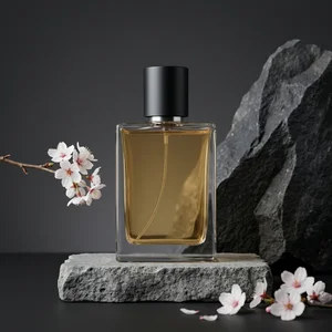 Luxury perfume on stone with sakura