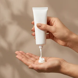 Skincare application on beige