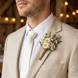 Rustic wedding boutonnière on linen suit