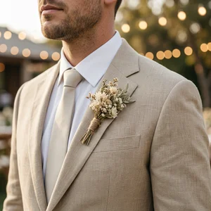 Rustic boutonnière on linen suit