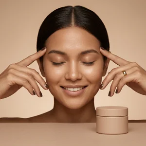 Serene beauty with cosmetic jar