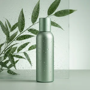 Fresh skincare behind wet glass