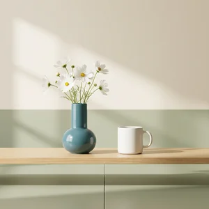 Serene morning shelf with vase and mug