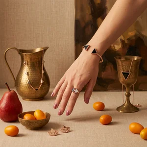 Artistic jewelry on linen table