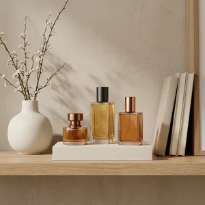 Elegant perfume bottles on wooden shelf