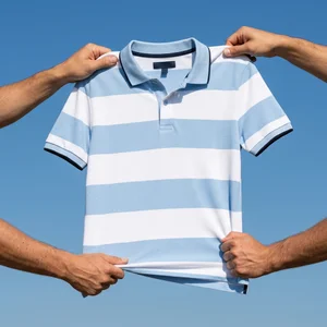 Striped polo shirt held against sky