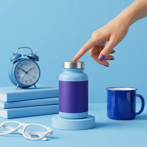 Modern blue workspace with hand