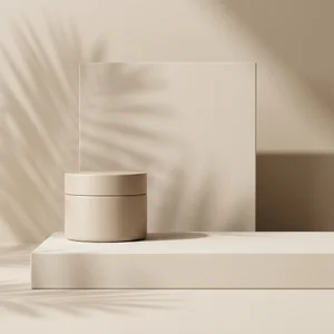 Minimalist beige product podium with palm shadow