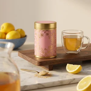 Pink patterned tea tin on wood