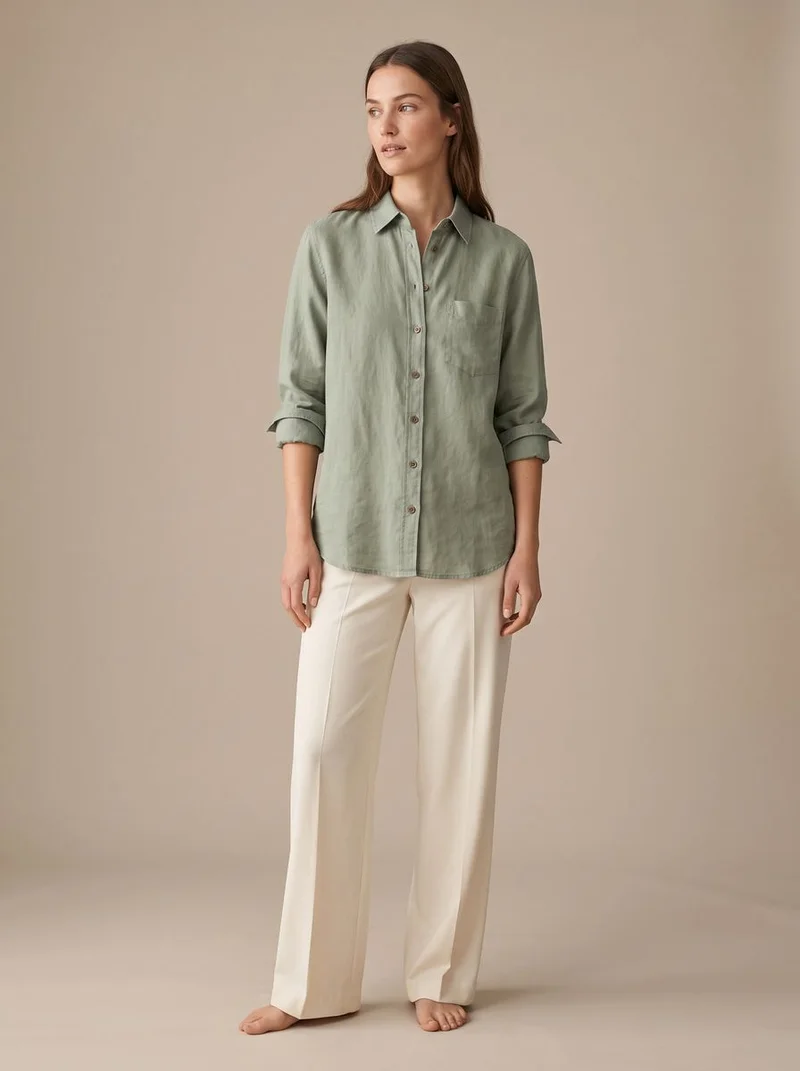 The same shirt worn by a model in a studio scene