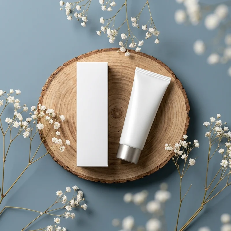 Natural skincare on wood slice