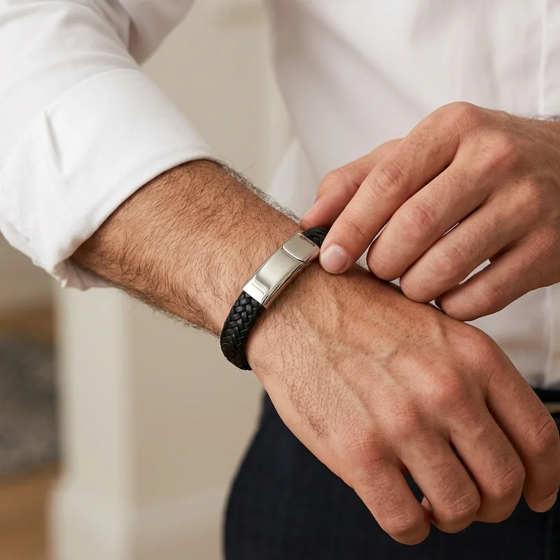 Men's leather bracelet on wrist