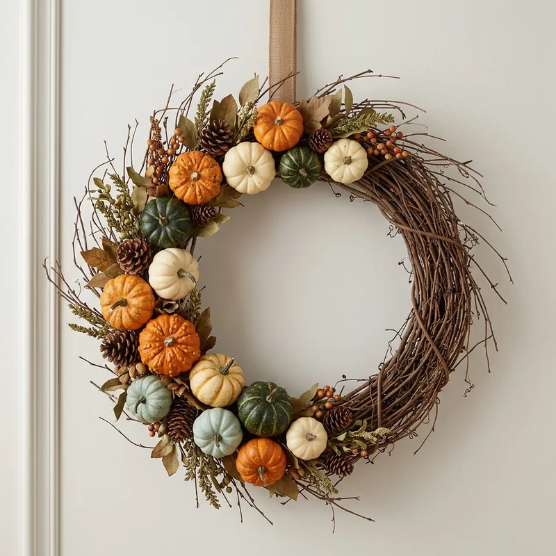 Autumn pumpkin and pinecone wreath