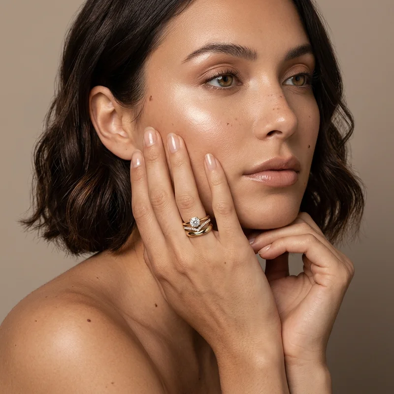 Elegant gold ring stack on model