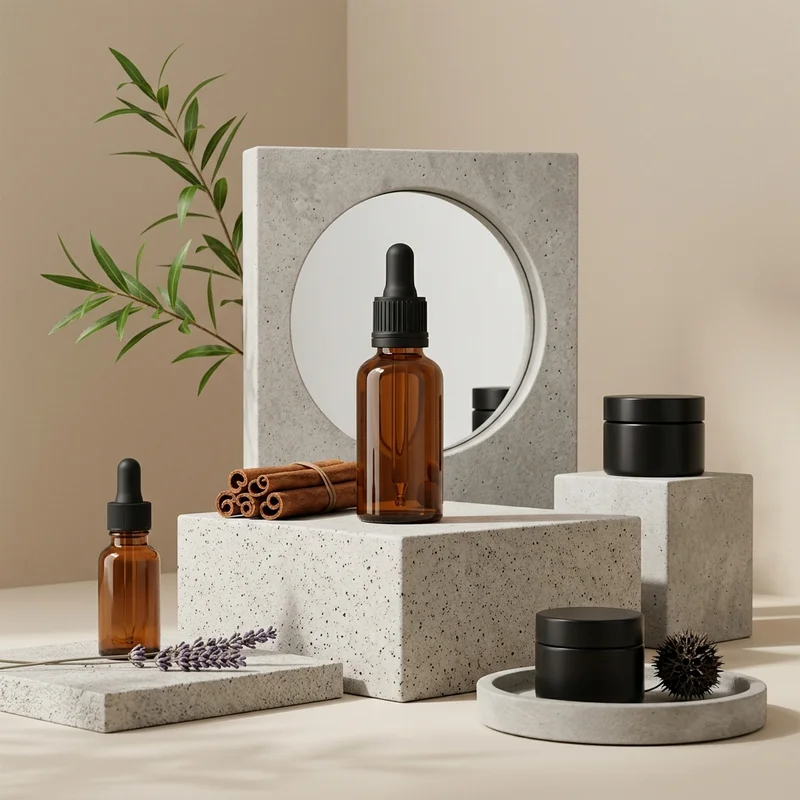 Natural skincare on stone pedestals
