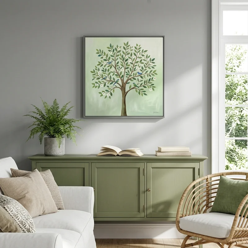 Botanical wall art in modern living room