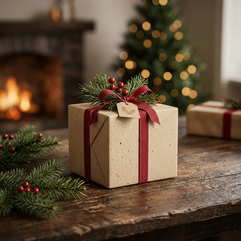 Cozy Christmas gift on rustic wood