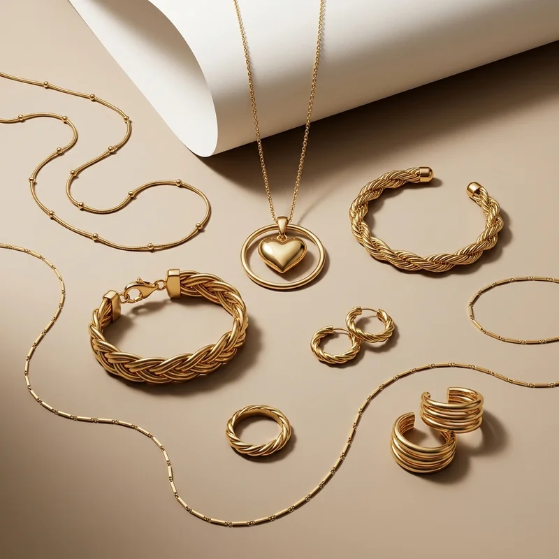 Elegant gold jewelry flat lay