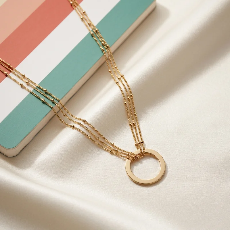 Layered gold necklace on silk