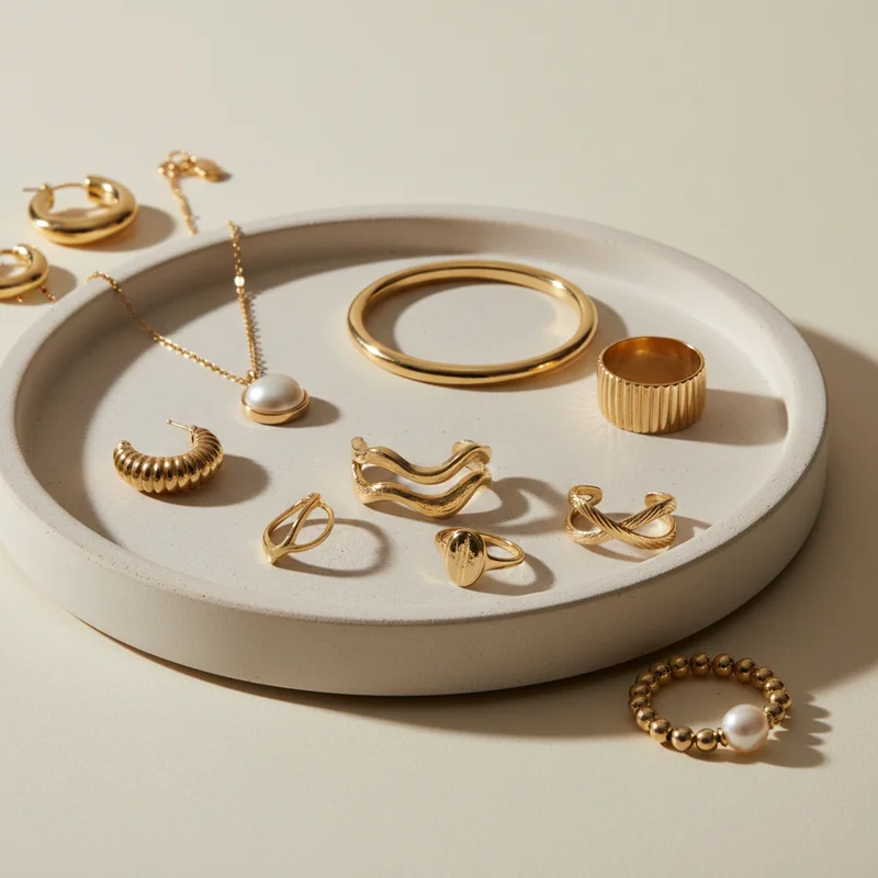 Gold jewelry on concrete tray