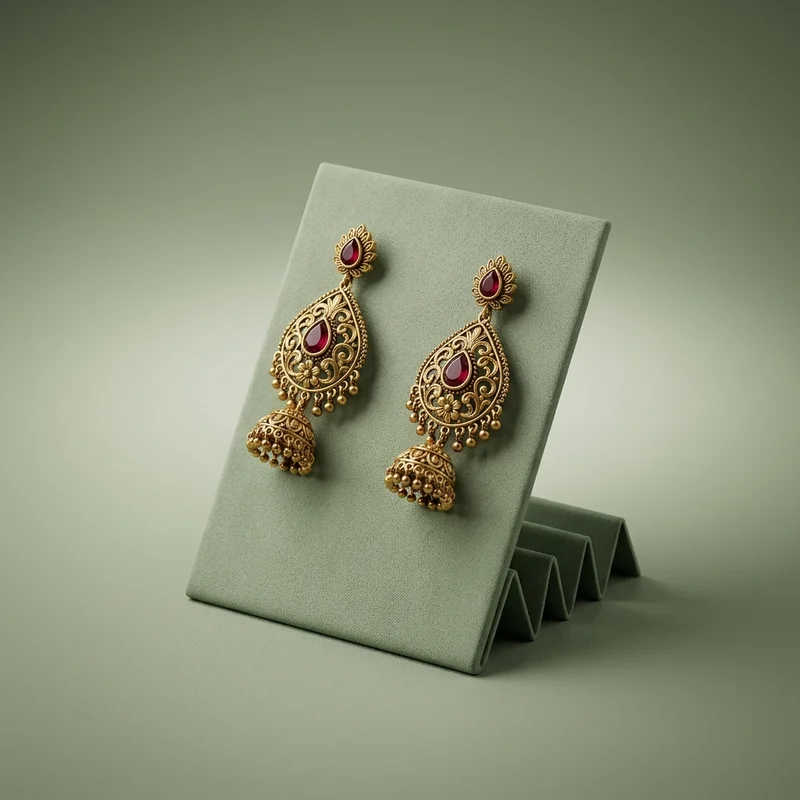 Traditional gold earrings on green stand