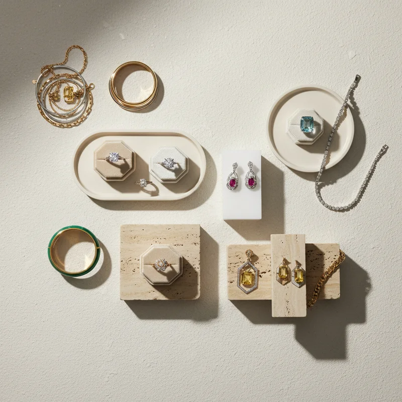 Elegant jewelry & accessory flat lay