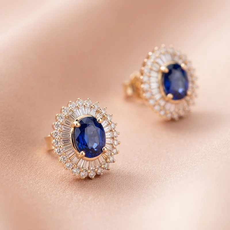 Elegant sapphire earrings on pink