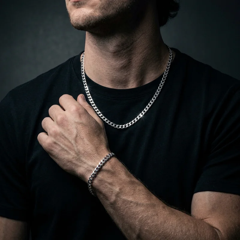 Bold silver cuban links on model