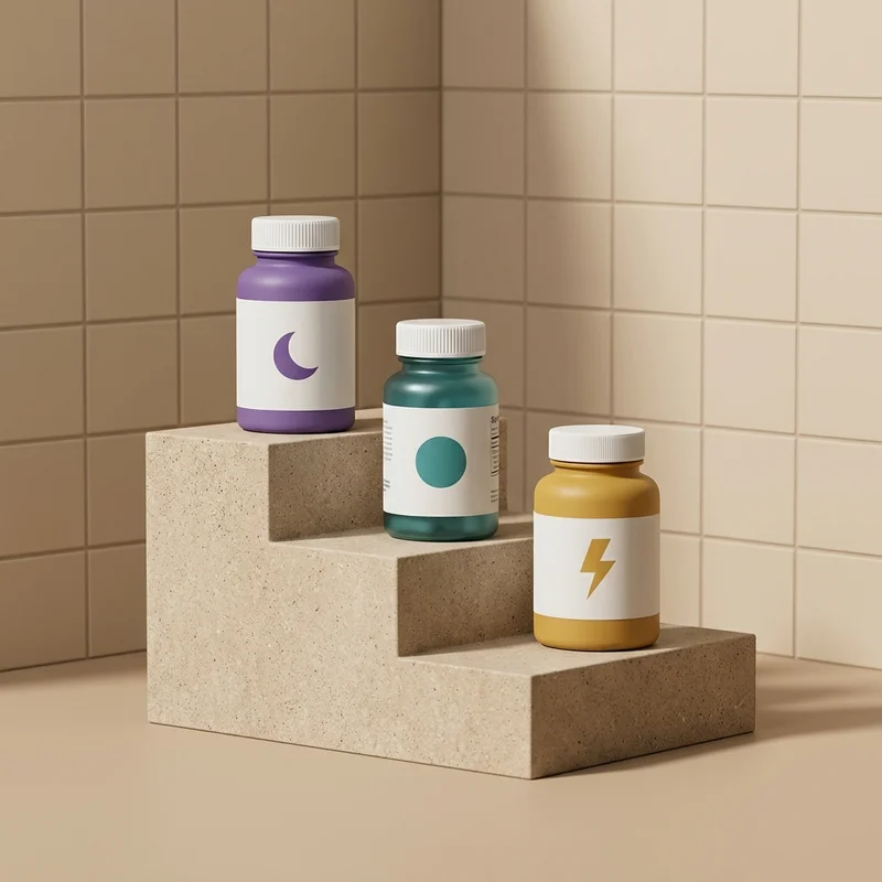 Minimalist supplement bottles on steps
